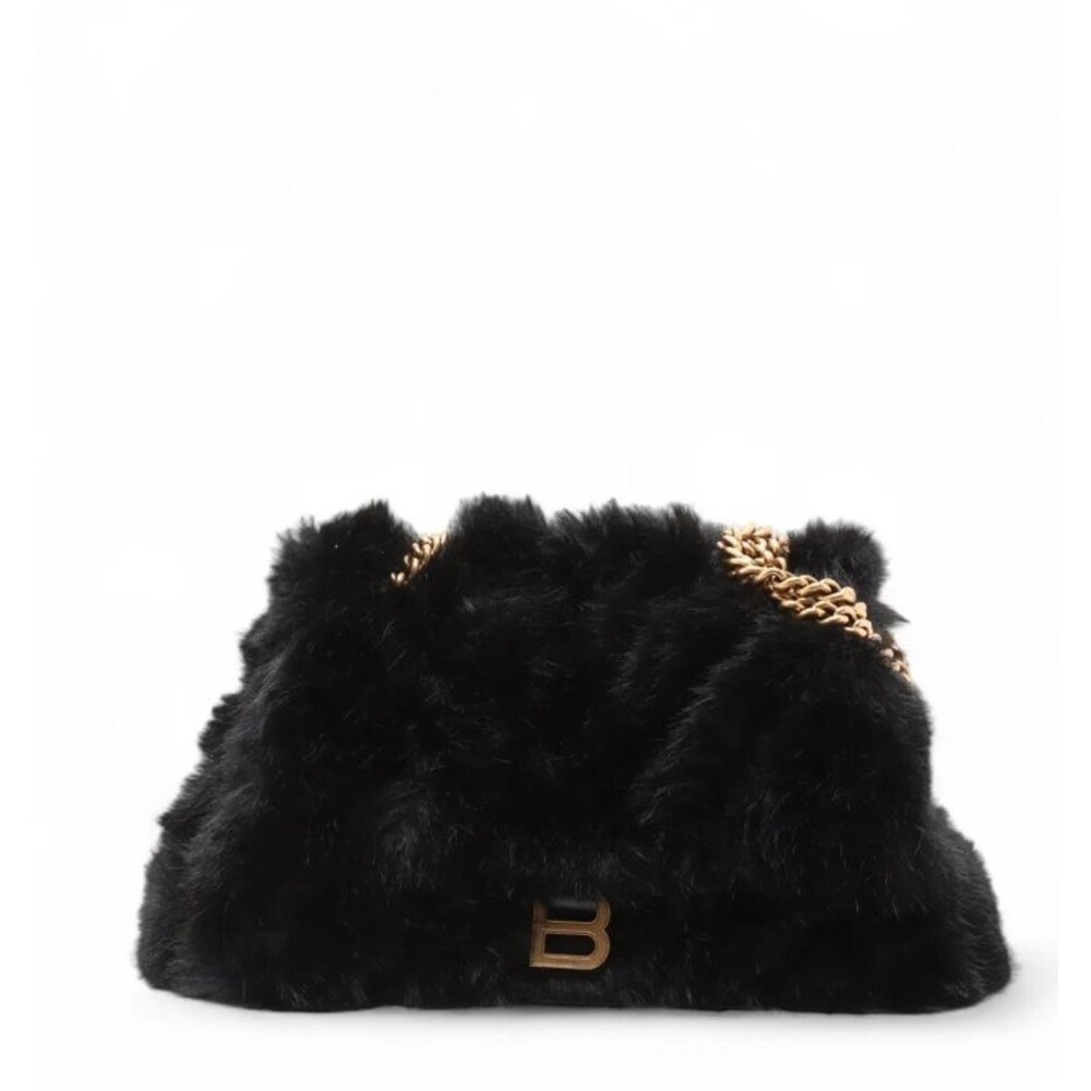 Balenciaga Crush Chain Bag Medium in Black Faux Fur Gold Hardware Large Size COA
